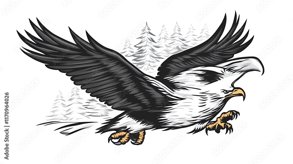 Majestic Eagle Soaring Over Winter Pines