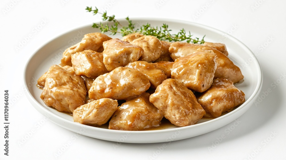 A plate of tender chicken pieces topped with creamy gravy, isolated on a clean white background with a sprig of thyme A plate of tender chicken pieces topped with creamy gravy, isolated on a clean white background with a sprig of thyme