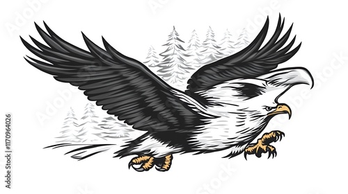 Obraz na płótnie Majestic Eagle Soaring Over Winter Pines w salonie