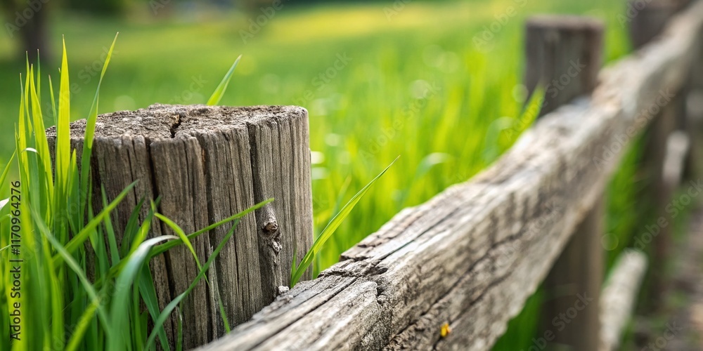 Macro Close-up of Weathered Wooden Fence Post with Illustrated Grass Background Macro Close-up of Weathered Wooden Fence Post with Illustrated Grass Background