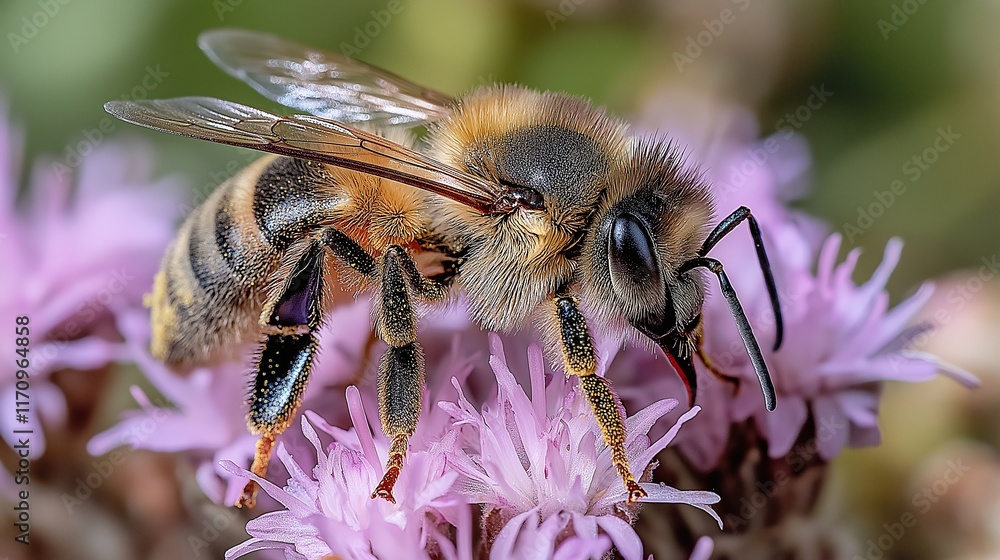 Honey bee collecting nectar from pink flower in spring Honey bee collecting nectar from pink flower in spring