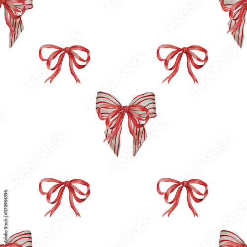 Watercolor mesh of satin ribbons seamless pattern. Valentines day red ribbon bow knots print. Fashionable backdrop.