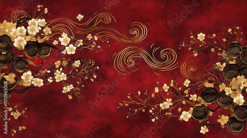 A rich red background with intricate gold swirling cloud patterns, accented by traditional Chinese lanterns and plum blossoms for a Chinese New Year invitation design.