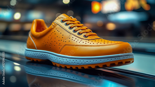 Stylish bowling shoes with enhanced grip and comfort, resting on a polished lane in a bowling alley photo