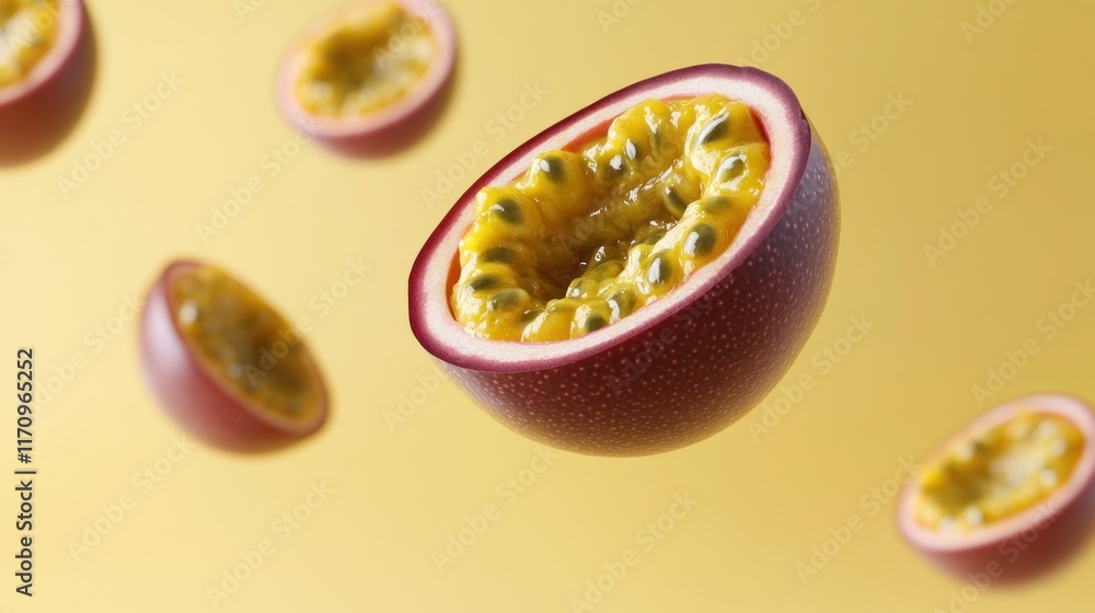Halved passion fruits levitate against a yellow backdrop, showcasing their vibrant seeds and pulp. Halved passion fruits levitate against a yellow backdrop, showcasing their vibrant seeds and pulp.