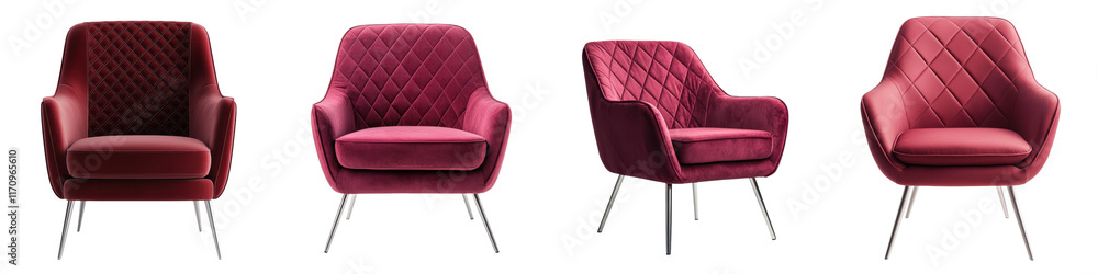 Obraz premium Luxurious burgundy velvet upholstered armchair with a tufted design showcased in a contemporary and stylish interior setting The chair offers a cozy and sophisticated seating experience
