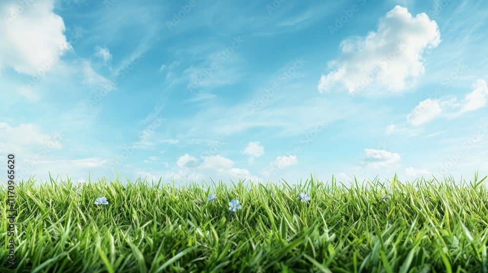 A field of green grass with blue flowers in the middle of it A field of green grass with blue flowers in the middle of it