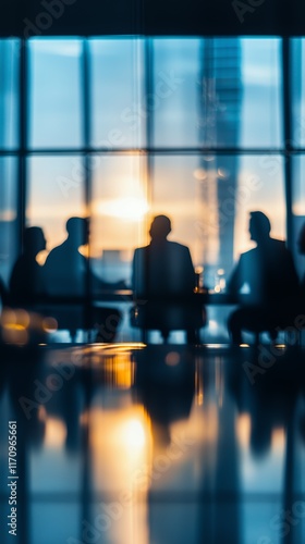 Silhouetted business meeting at sunset with reflections in modern office building