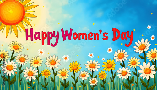 Happy Women’s Day with colorful flowers and sun