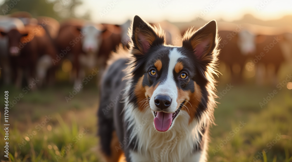 Australian Shepherd Dog Gazing Herd of Cows Cattle on Farm Australian Shepherd Dog Gazing Herd of Cows Cattle on Farm