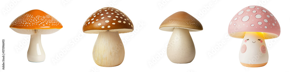 An assortment of vibrant imaginative and whimsical mushroom in a variety of shapes sizes colors and patterns  These fantasy like fungal forms with spotted