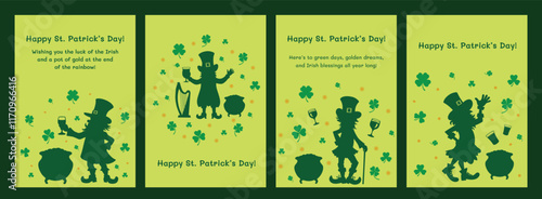 Set of St. Patrick's Day card with leprechaun silhouette and cheerful message