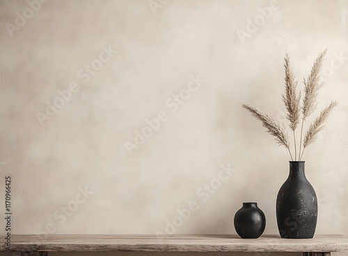 Minimalist plain beige wall with a simple wooden table and black vases