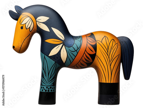 Brightly painted Swedish Dala horse symbolizes heritage and tradition against a clean white backdrop photo