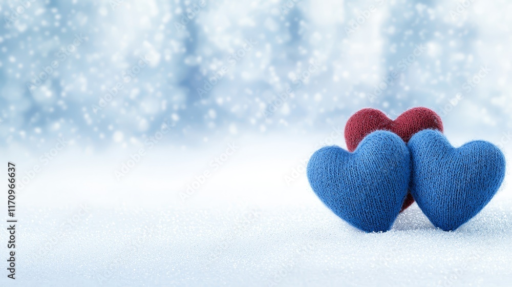 Two blue and red knitted hearts in the snow Two blue and red knitted hearts in the snow