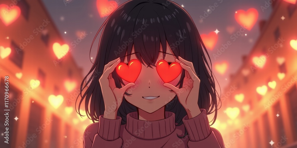 A joyful girl with heart-shaped glasses, surrounded by floating hearts, capturing a whimsical, romantic atmosphere perfect for Valentine's Day or love-themed projects. A joyful girl with heart-shaped glasses, surrounded by floating hearts, capturing a whimsical, romantic atmosphere perfect for Valentine's Day or love-themed projects.