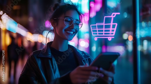 Woman Shopping Online at Night in City