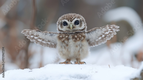 baby owl stretching its wings while perched on soft cloud of snow, showcasing its fluffy feathers and curious expression