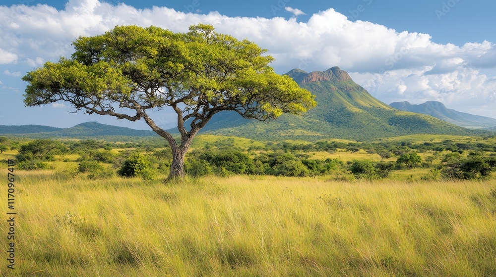 A lone tree in the middle of a grassy field with mountains in the background A lone tree in the middle of a grassy field with mountains in the background