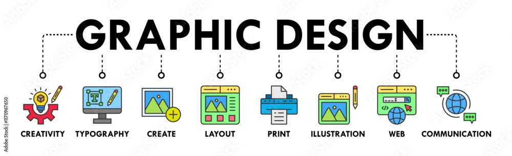 Graphic Design banner web icon set vector illustration symbol infographic concept with icon of creativity, typography, create, layout, print, illustration, web, and communication Graphic Design banner web icon set vector illustration symbol infographic concept with icon of creativity, typography, create, layout, print, illustration, web, and communication