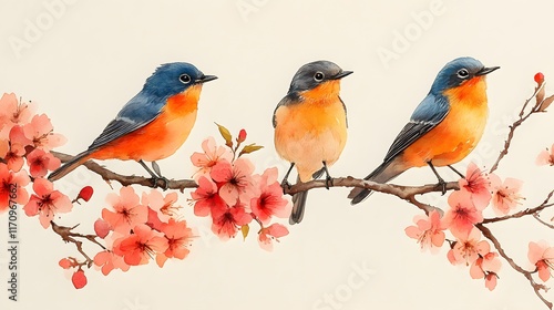 A light and cheerful watercolor illustration of birds chirping on flowering branches photo