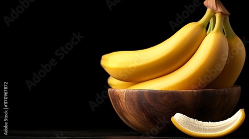 A wooden bowl filled with bananas sitting on top of a table