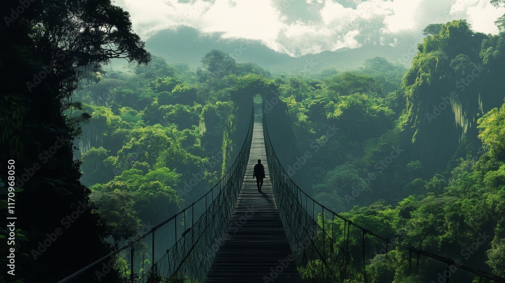 Fototapeta premium Person walking on a suspension bridge through a lush green jungle.