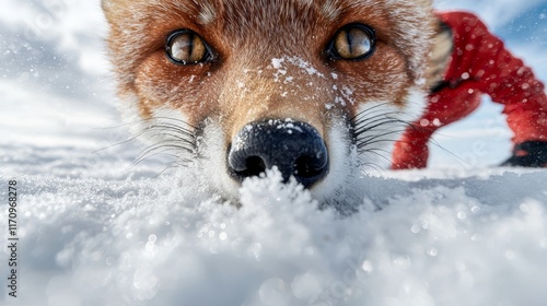 A close up of a fox in the snow looking at the camera