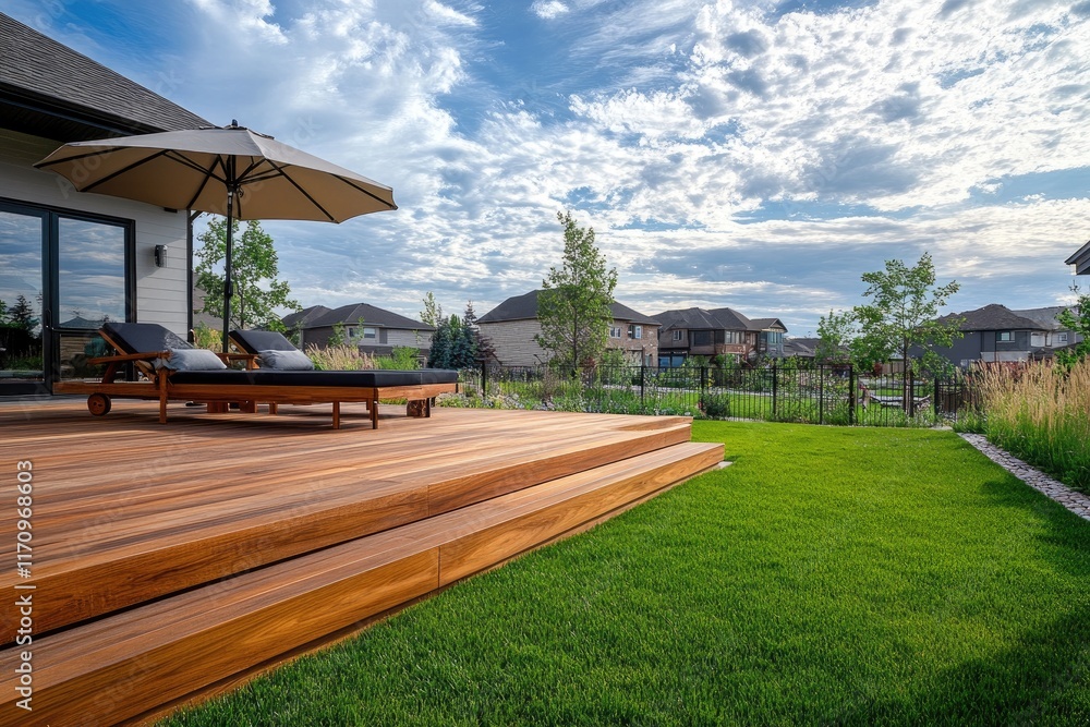 The wooden deck of the backyard features comfortable chairs and an umbrella, offering views over houses in the nearby neighborhood under a blue sky. The wooden deck of the backyard features comfortable chairs and an umbrella, offering views over houses in the nearby neighborhood under a blue sky.