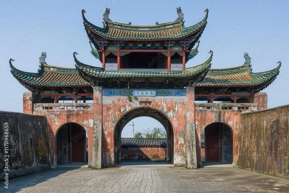 A traditional Asian architectural structure featuring ornate roofs and weathered walls. A traditional Asian architectural structure featuring ornate roofs and weathered walls.