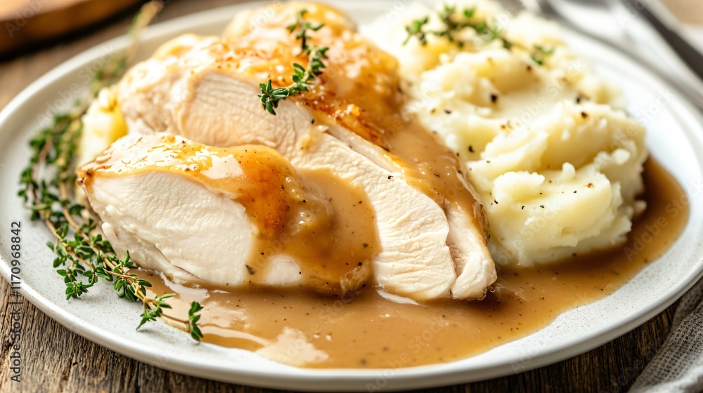 Juicy chicken served with a generous helping of gravy, isolated on a white plate with decorative thyme leaves and mashed potatoes Juicy chicken served with a generous helping of gravy, isolated on a white plate with decorative thyme leaves and mashed potatoes
