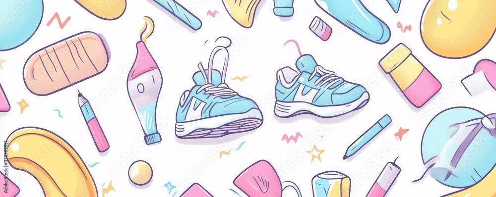 Colorful illustration of various objects, including shoes, stationery, and food items, arranged in a playful pattern. Colorful illustration of various objects, including shoes, stationery, and food items, arranged in a playful pattern.
