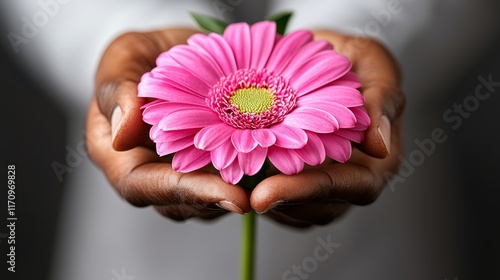 A person holding a pink flower in their hands