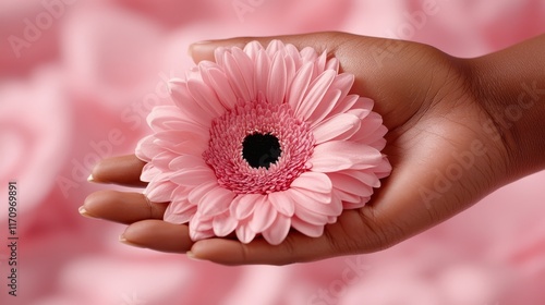 A person holding a pink flower in their hand
