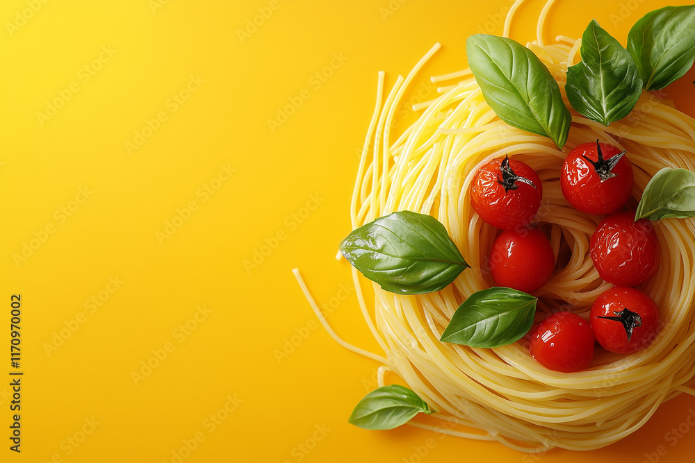 Spaghetti Nest with Cherry Tomatoes and Basil on Orange Background Spaghetti Nest with Cherry Tomatoes and Basil on Orange Background