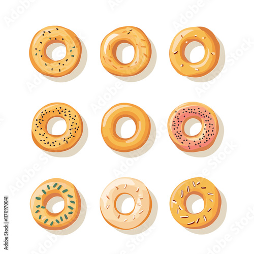 Nine donuts with different icing and sprinkles, arranged.