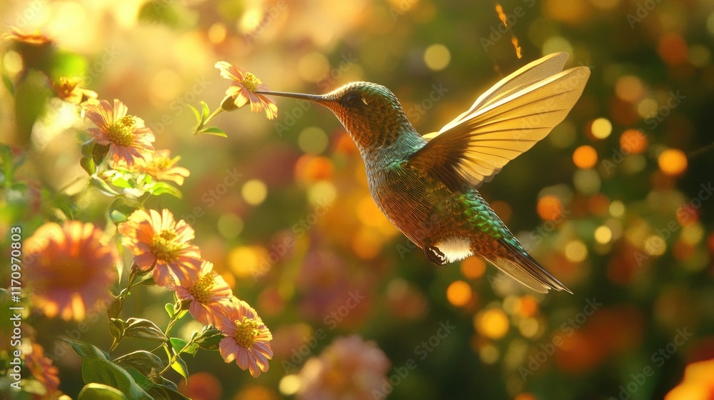 Obraz premium AI-rendered hummingbird drinking nectar from vibrant flowers, amidst soft green and golden tones.