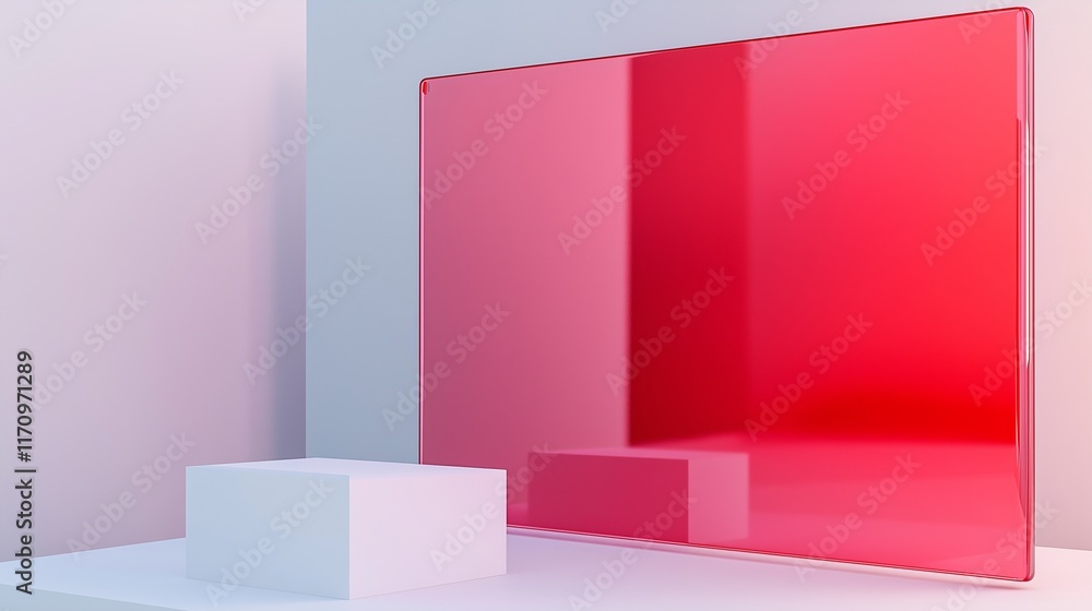 3D scene featuring a white podium with a translucent pink glass texture against a clean architectural background. A large red sign rotates horizontally, captured in vibrant detail. 3D scene featuring a white podium with a translucent pink glass texture against a clean architectural background. A large red sign rotates horizontally, captured in vibrant detail.