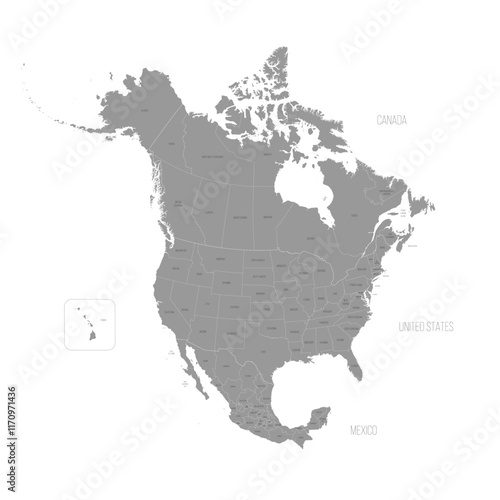 Political map of North American countries Canada, United States of America and Mexico with administrative divisions. Thin black outline map with countries and states name labels. Vector illustration