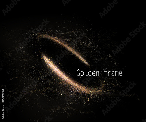 Isolated golden oval frame with sparkling tinsel on black background, design element.