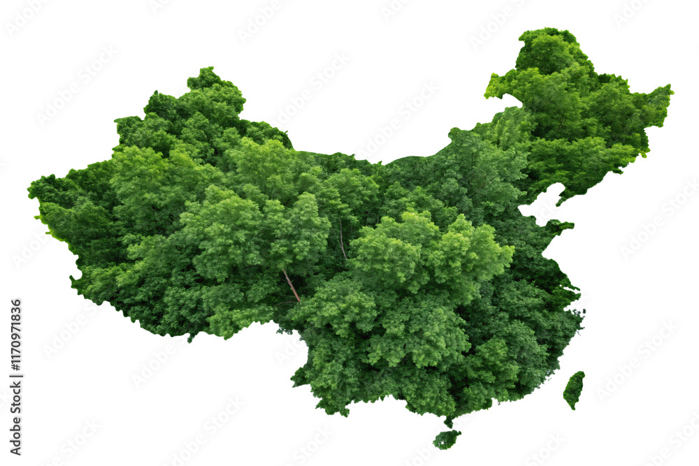 A map of China, emphasizing lush foliage with varying shades of green, symbolizing the richness of its ecological zones, isolated on a transparent background A map of China, emphasizing lush foliage with varying shades of green, symbolizing the richness of its ecological zones, isolated on a transparent background