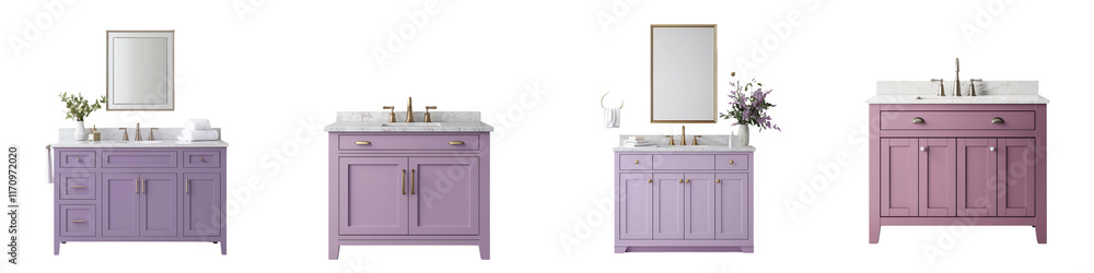 Elegant lavender colored vanity cabinet with a marble countertop modern mirror and decorative accessories in a refined bathroom interior design Elegant lavender colored vanity cabinet with a marble countertop modern mirror and decorative accessories in a refined bathroom interior design