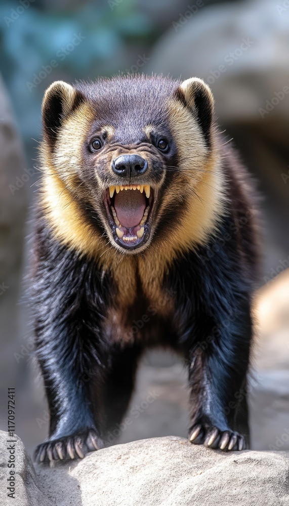 Obraz premium A fierce-looking animal with a roaring expression, showcasing its sharp teeth and fur.