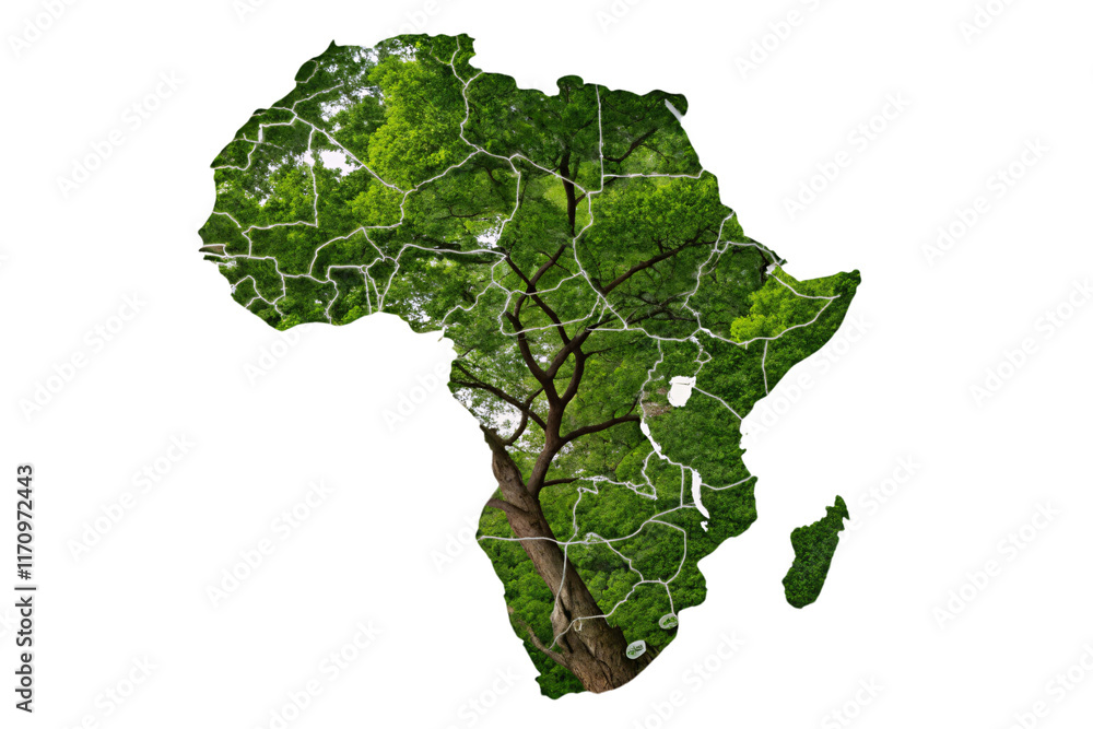 A silhouette of Africa filled with lush green foliage and white outlines of countries, symbolizing environmental richness and unity, isolated on a transparent background