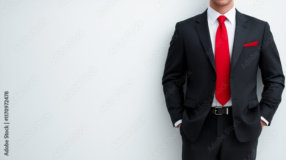 A man in a suit and red tie standing with his hands in his pockets A man in a suit and red tie standing with his hands in his pockets