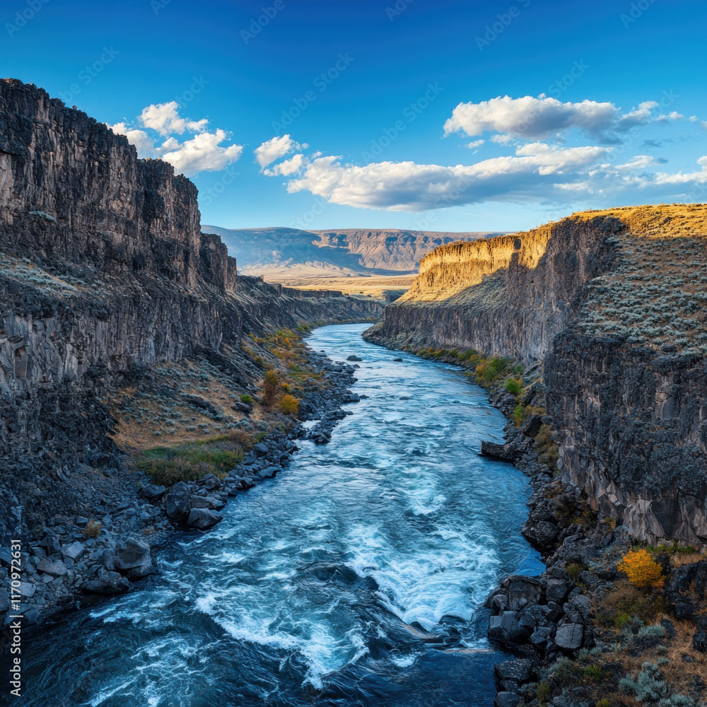 Fototapeta premium Majestic river flowing through a canyon under a vibrant sky.