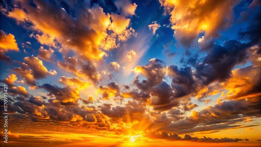 Macro Sunset Sky: Golden Hour Sunbeams Through Clouds Macro Sunset Sky: Golden Hour Sunbeams Through Clouds