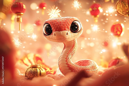 Adorable cartoon snake amidst festive lanterns and fireworks. photo