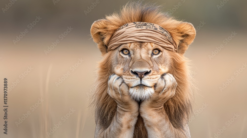 Obraz premium A lion with a bandana on its head in a field