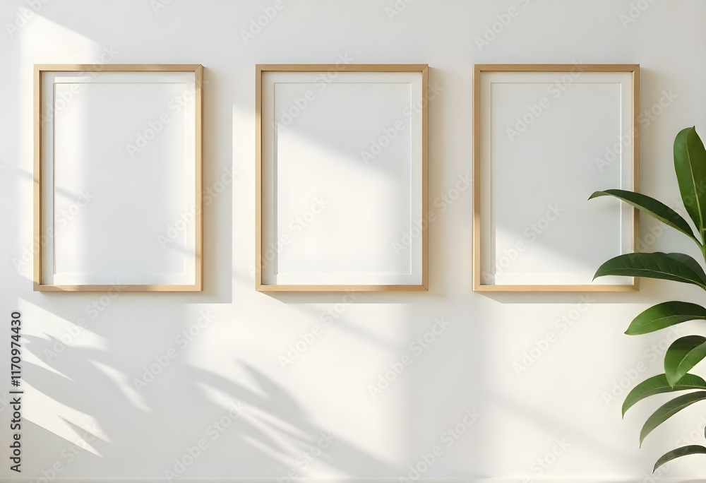Three empty wooden frames on a white wall with natural light casting shadows Three empty wooden frames on a white wall with natural light casting shadows